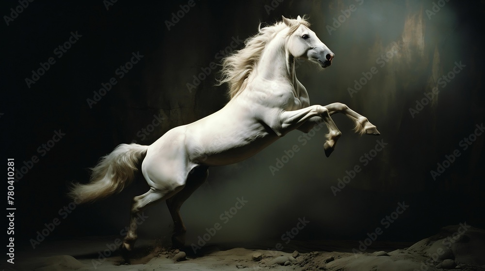 Obraz premium AI generated illustration of a majestic white horse standing in a dark room