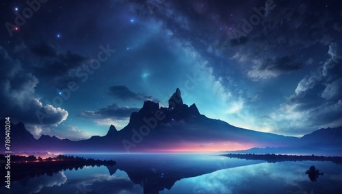 AI generated illustration of a mountain range reflecting on a lake under a starry night sky