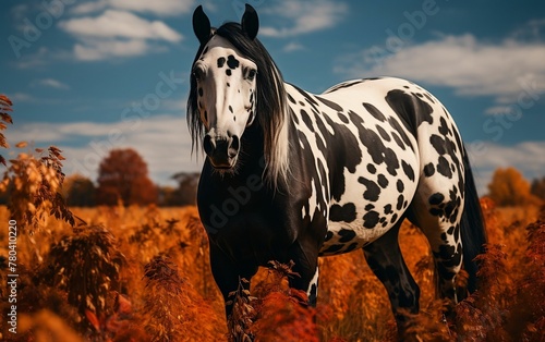 AI generated illustration of a horse stands in the middle of a lush meadow