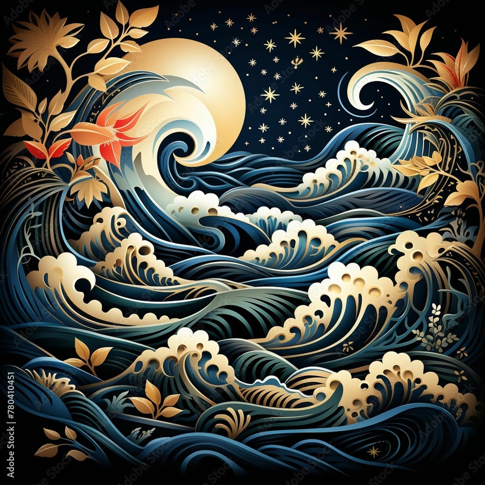 the moon and some waves are shown here with gold flowers in this photo