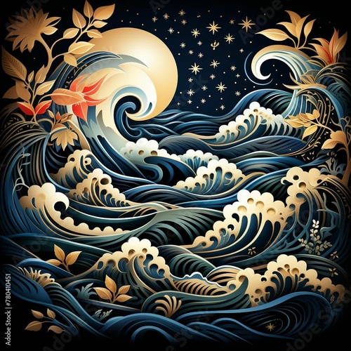 the moon and some waves are shown here with gold flowers in this photo