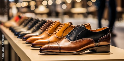 AI generated illustration of a row of men's classic leather shoes in display