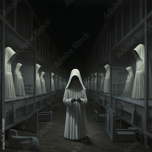 AI generated illustration of a mysterious white hooded figure walking among others