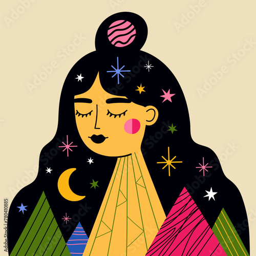 Vector illustration with long hair woman, mountains, abstract elements, stars and planets. Nature universe female poster, home decoration print design © julymilks