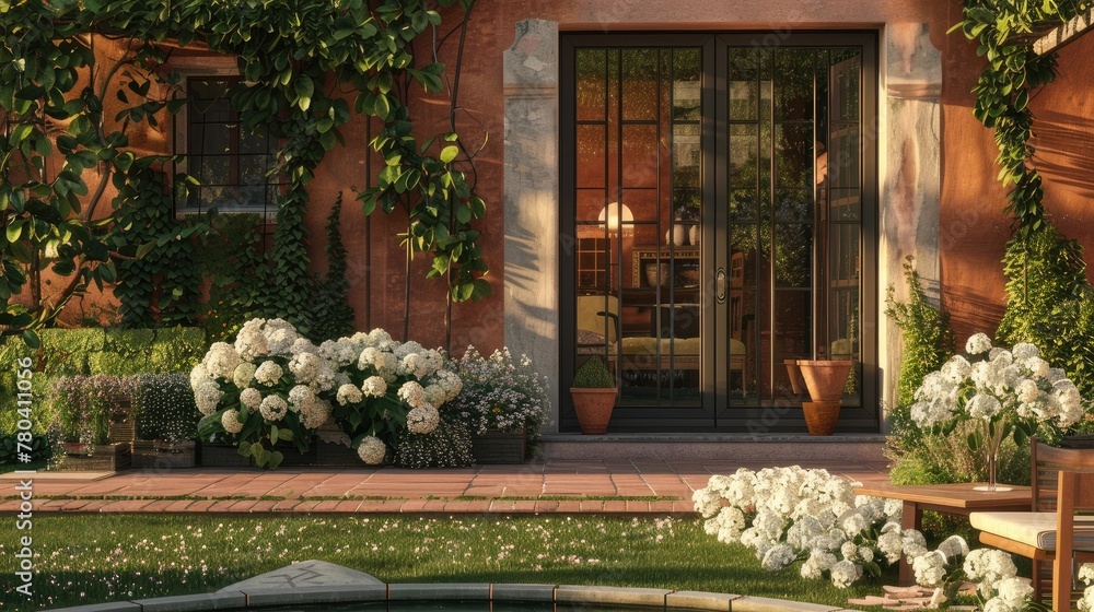 a terracotta house, boasting a spacious patio door leading to a picturesque garden adorned with a pond and elegant white hydrangeas, offering a harmonious blend of natural serenity and refined comfort