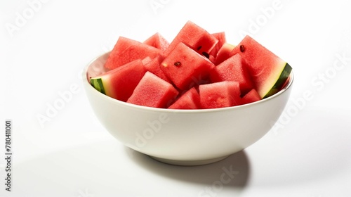 AI generated illustration of a white ceramic bowl filled with cubed watermelon pieces