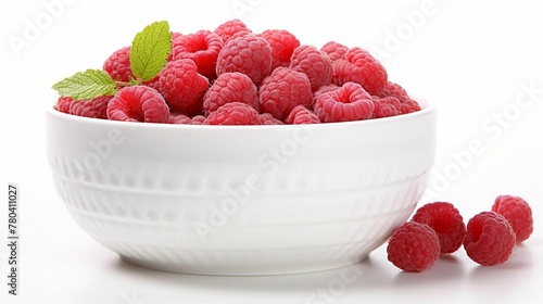 AI generated illustration of a white ceramic bowl filled with ripe red raspberries