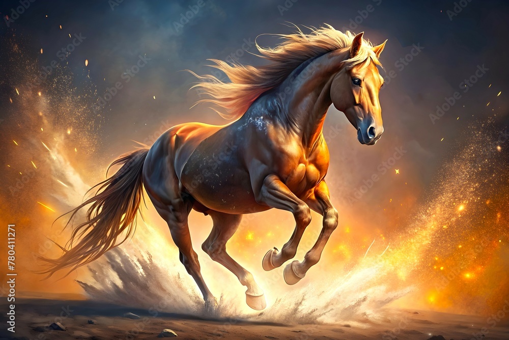 A horse running fast and making dust with a fantasy look A horse running fast and making dust with a fantasy look