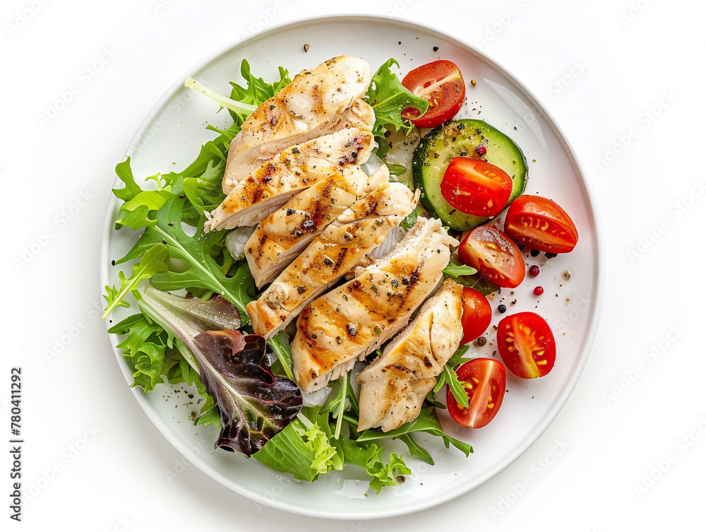 Grilled chicken breast. Fried chicken fillet and fresh vegetable salad of tomatoes, cucumbers and arugula leaves. Healthy food. Flat lay. White background Grilled chicken breast. Fried chicken fillet and fresh vegetable salad of tomatoes, cucumbers and arugula leaves. Healthy food. Flat lay. White background
