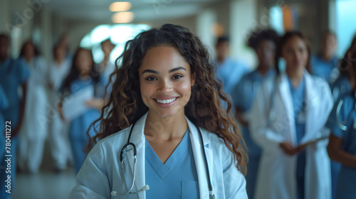 Female healthcare professional in blue scrubs and stethoscope smiling among group of doctors