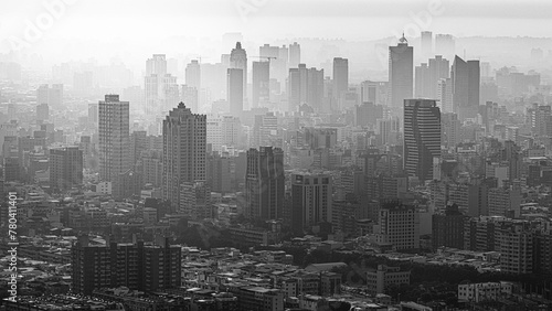 Monochrome photograph of an urban landscape, megalopolis with buildings, skyscrapers on foggy day