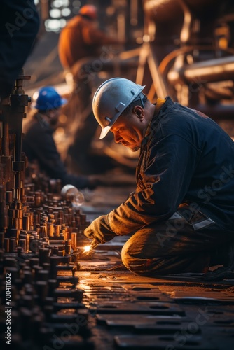 A man wearing a hard hat is diligently working on a piece of metal, possibly assembling drill pipes for a rig. Sparks may be flying as he focuses on his task
