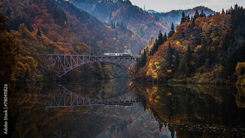 Scenic view of Tadami river reflecting the train on the bridge and trees, Japan
