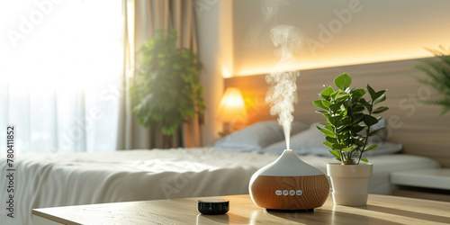 Humidifier on the table at home and spreading steam into the bedroom. Portable humidifier for clean air purification electric aroma diffuser.

