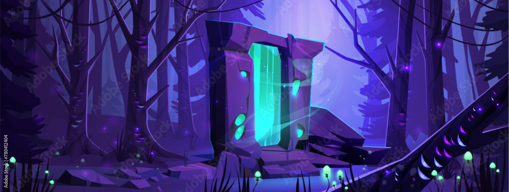 Magic fairy tale portal in night forest. Vector cartoon illustration of stone teleport gate, neon green fireflies glowing in darkness, silhouettes of old fir trees, fantasy time travel game background - obrazy, fototapety, plakaty 