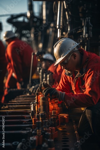 A man is working on a machine in a factory, securing drilling equipment for operation. The industrial setting shows the man focused on his task, ensuring proper functioning of the machinery
