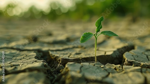 A lone sprout breaks through the cracked earth. Protection of the environment concept. 