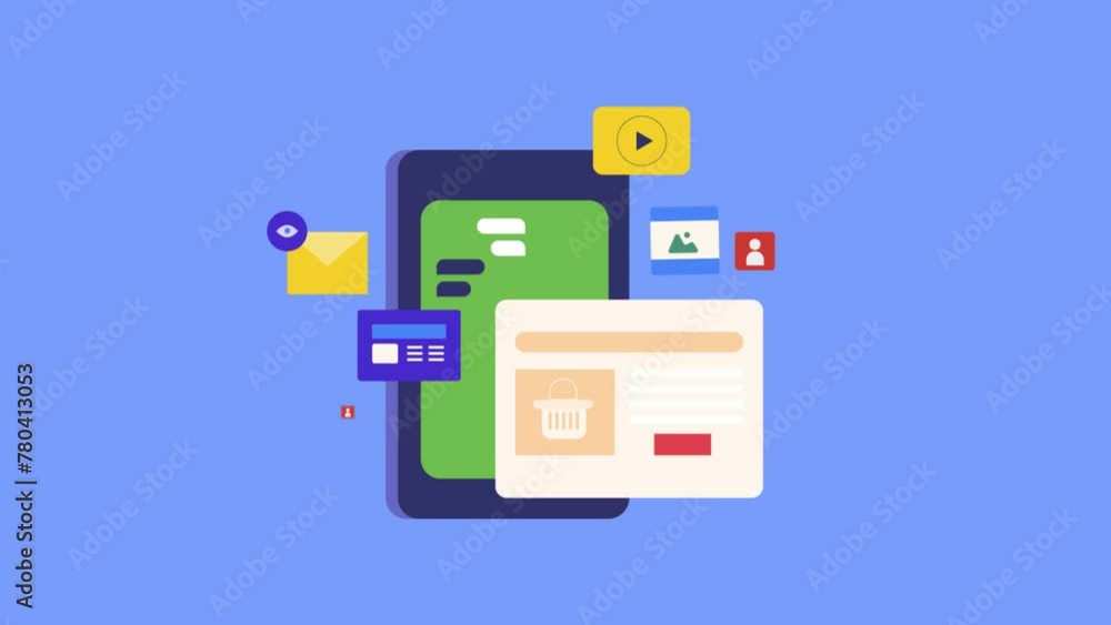 Social commerce, online shopping from social media store, Mobile with shopping bag, card payment and chat message, digital store promotion video animation. Social commerce, online shopping from social media store, Mobile with shopping bag, card payment and chat message, digital store promotion video animation.