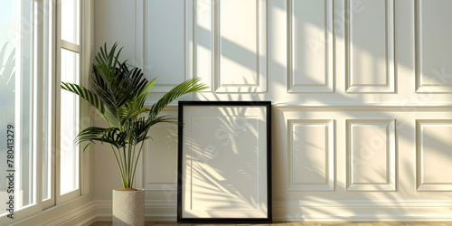 empty blank black frame on white wall wint plant in modern living room