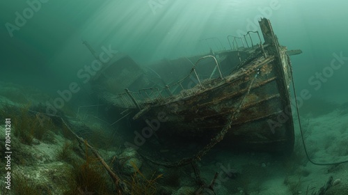 Old broken fishing boat under water, wooden abandoned boat © Ruslan Gilmanshin