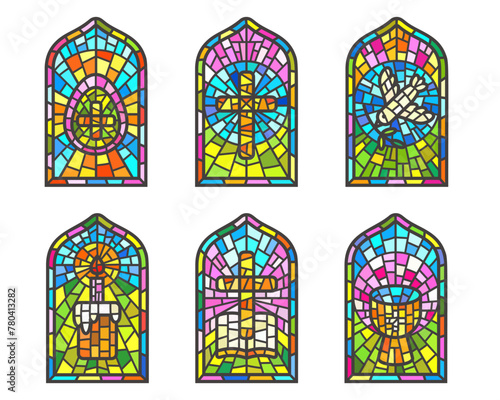 Church stained windows with religious Easter symbols. Christian mosaic glass arches set with cross dove cup and egg