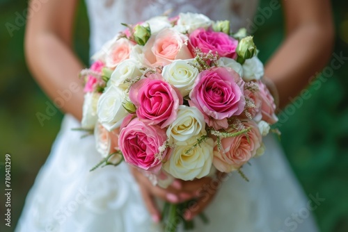 The bride in a white wedding dress holds a wedding bouquet. The bouquet consists of white, pink, purple roses, eucalyptus leaves, and pink berries