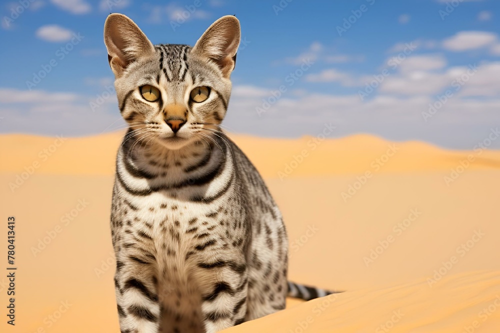 Striped cat on a desert dune, AI-generated. Striped cat on a desert dune, AI-generated.