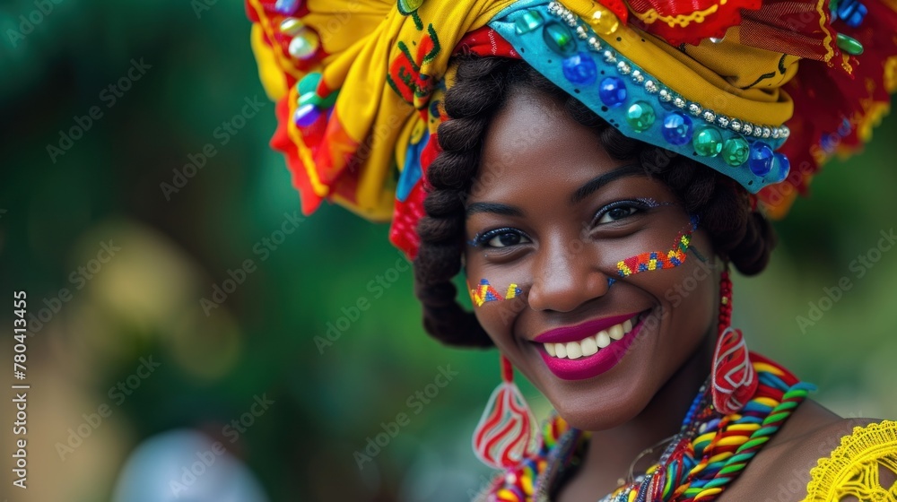 Brazilian woman of African descent, smiling, wearing traditional attire in the old colonial district