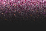 Pink glitter background with rose gold sparkles. Vector with falling sequins and confetti. Shimmer texture with shine dust. Abstract glow border on dark backdrop. Festive glamour banner.