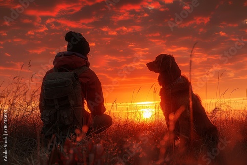 a dog and its handler are silhouetted against the sunset photo