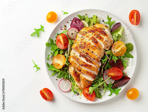 Grilled chicken breast. Fried chicken fillet and fresh vegetable salad of tomatoes, cucumbers and arugula leaves. Healthy food. Flat lay. White background