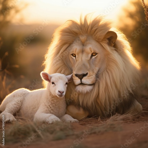 AI generated illustration of A A powerful and heartwarming scene capturing a lion and a lamb © Wirestock