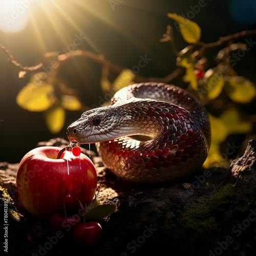 AI generated illustration of A close-up image of a snake coiled around an apple
