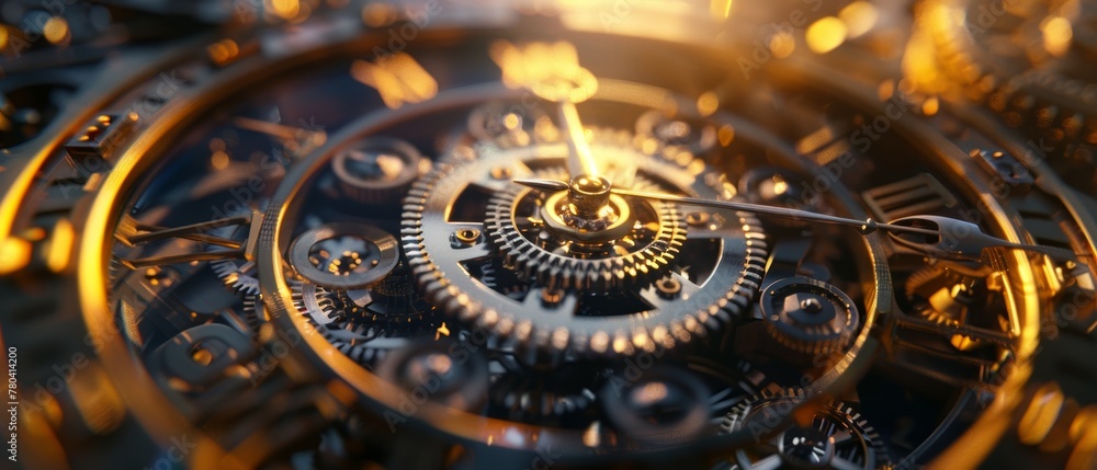 Fototapeta premium Clockwork Illusion, Metal Gears, Each hour a historical event unfolds, Echoing the past, Photography, Backlit lighting effect, Lens Flare camera effect