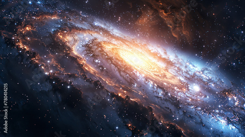 5h Panoramic shot of a distant galaxy, with swirling nebulae, glittering star clusters, and mysterious black holes, showcasing the vastness and beauty of outer space.