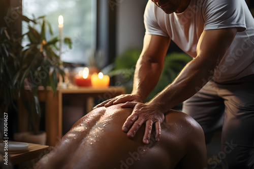 Professional masseur providing relaxing back massage in a serene spa environment. Wellness and therapeutic concept with candles for design and print. Close-up with warm lighting photo