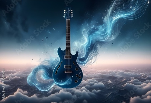 AI generated illustration of a blue guitar suspended in starry clouds