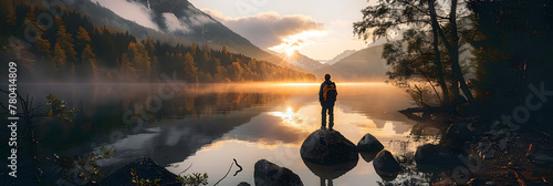 Lone wanderer witnessing sunrise over the lake