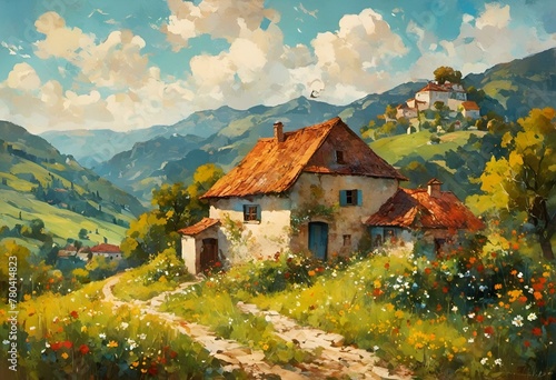 AI generated illustration of a rural landscape painting of a house on a hillside photo