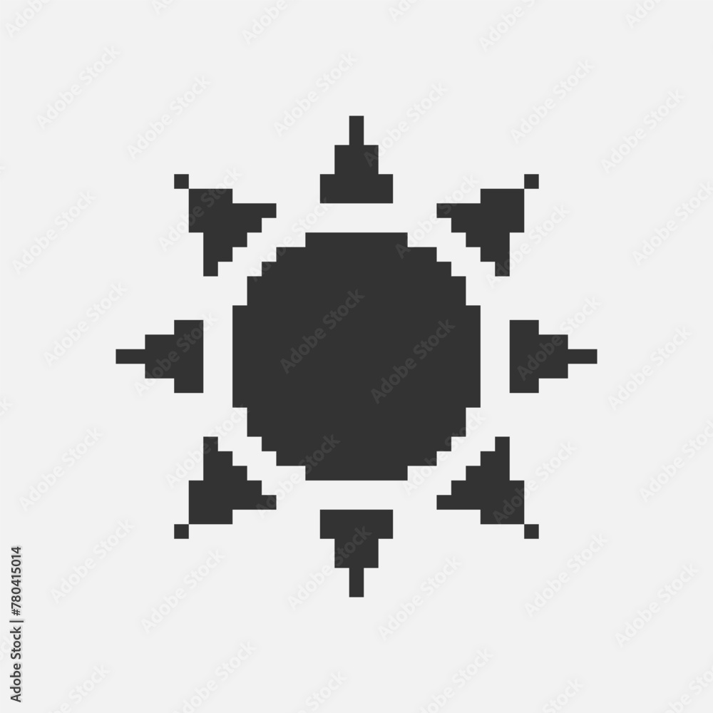 Fototapeta premium black and white simple flat 1bit vector pixel art icon of retro cartoon sun. sunlight sign
