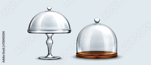 3d realistic glass dome stand for cake with plate. Dessert platter container to serve pastry food. Crystal cloche for table to display cupcake or pie. Bell lid glassware set for kitchen exhibition