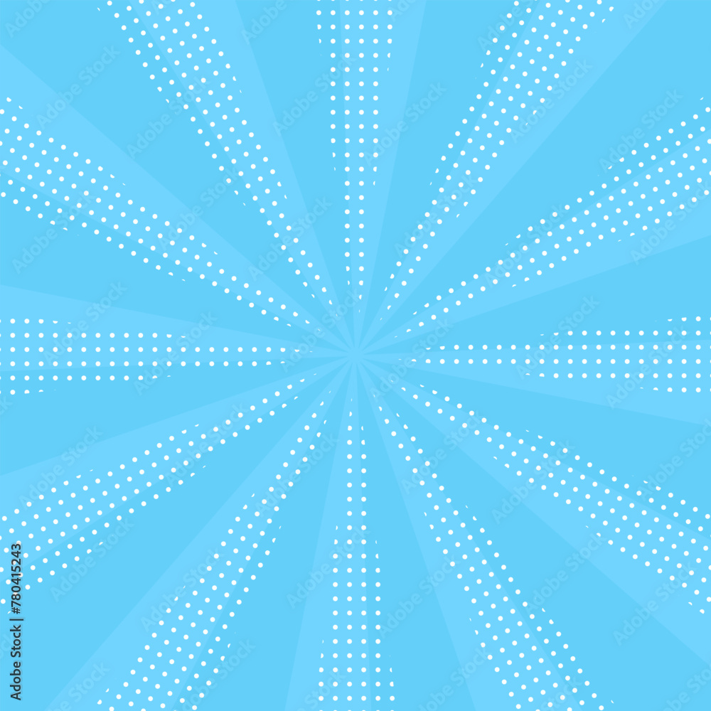 Obraz premium 水玉のポップな模様が入った青色のサンバースト集中線背景イラスト