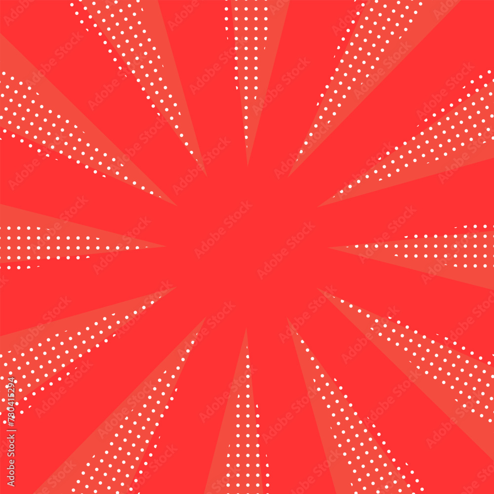 Obraz premium 水玉のポップな模様が入った赤色のサンバースト集中線背景イラスト
