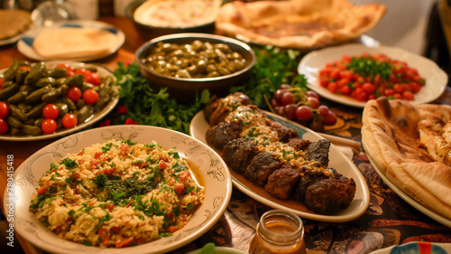 A Traditional Palestinian dinner spread, featuring a variety of dishes such as Musakhan photo