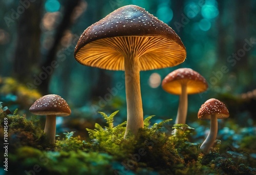 AI generated illustration of mushrooms in a green forest