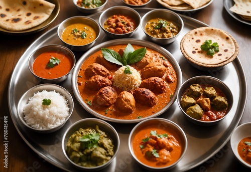 Indian thali showcasing a variety of colorful curries and flatbread, textures of creamy and spicy