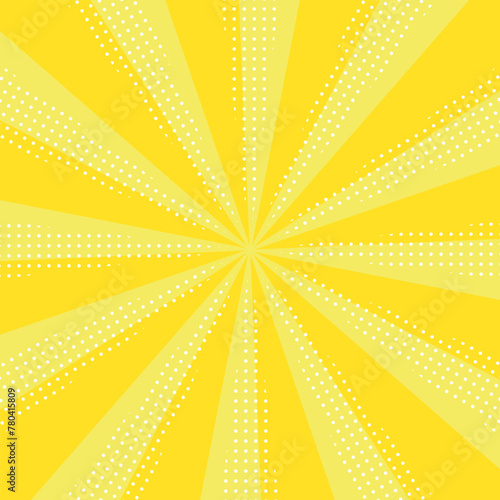 水玉のポップな模様が入った黄色のサンバースト集中線背景イラスト