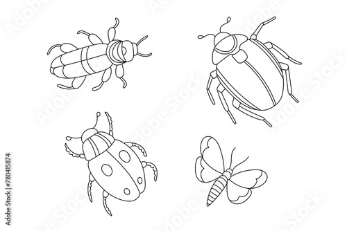 Insects line art coloring page. Preschool coloring activity. Summer / Spring bugs and beetles vector illustration