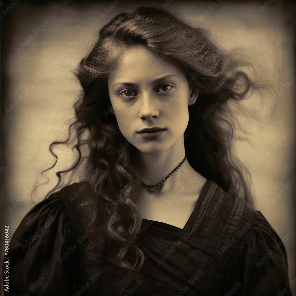 Antique portrait of a young woman taken in the early 19th century, AI-generated.