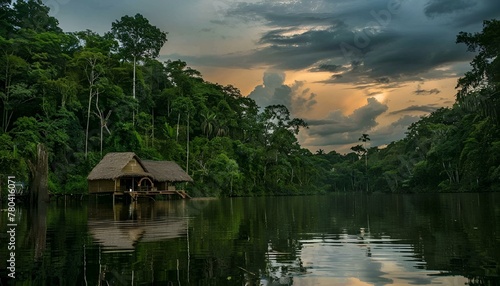 Wallpaper Mural AI-generated illustration of a small hut nestled in lush jungle surroundings Torontodigital.ca